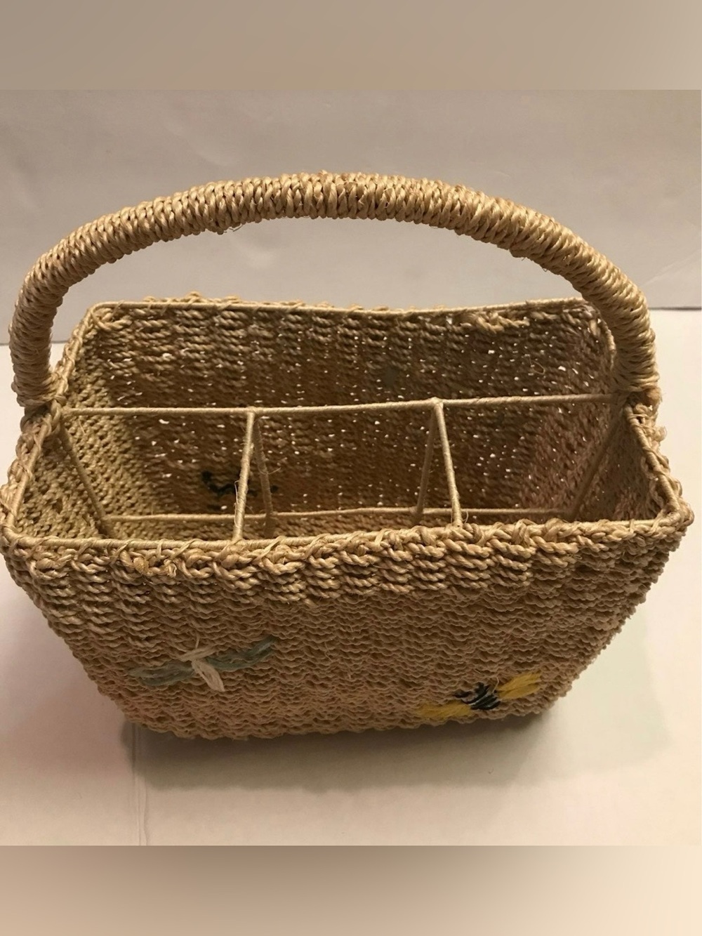 Utensil Caddy sturdy wicker/rope woven with accents touches and dividers